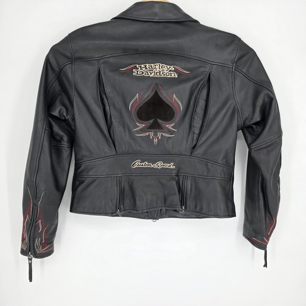 Harley Davidson Women's XL Leather Jacket Black Spade Moto Biker Y2K Tribal HD